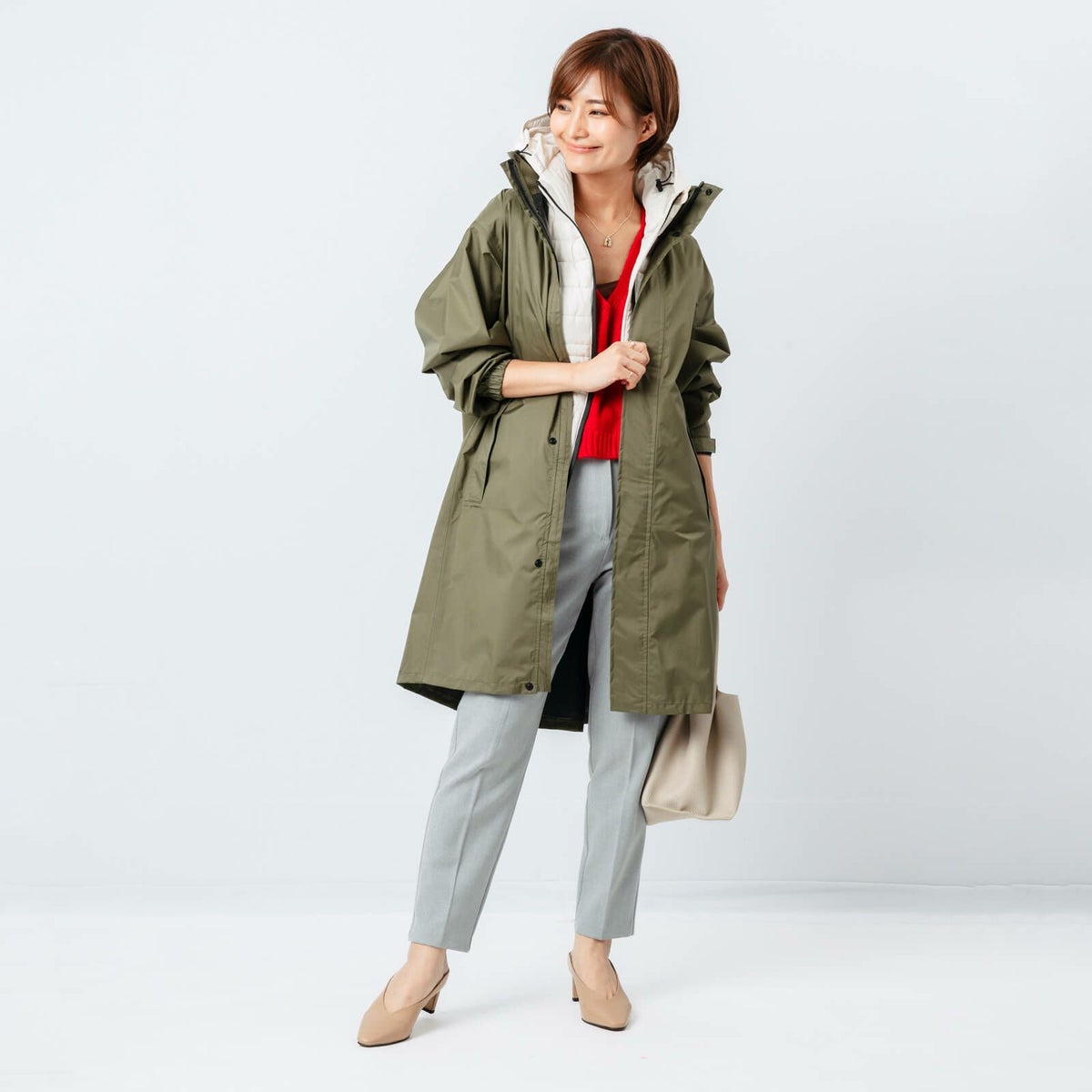 身長:163cm／着用サイズ：L／カラー：オリーブ