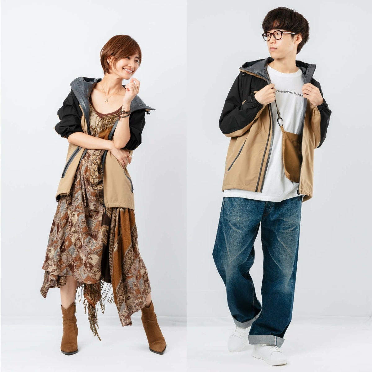 男女で着回しも可能［モデルのサイズ］女性：163cm/男性：181cm　着用サイズ：LL(ジャケットのみ着用)