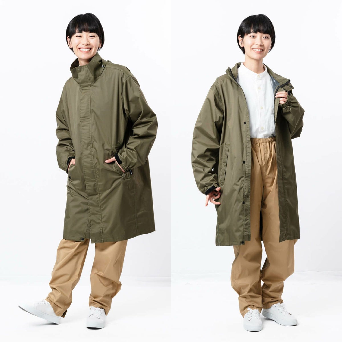 【7590 バッグインコート オリーブ】×【AH-200 レインパンツライトストレッチ ベージュ】